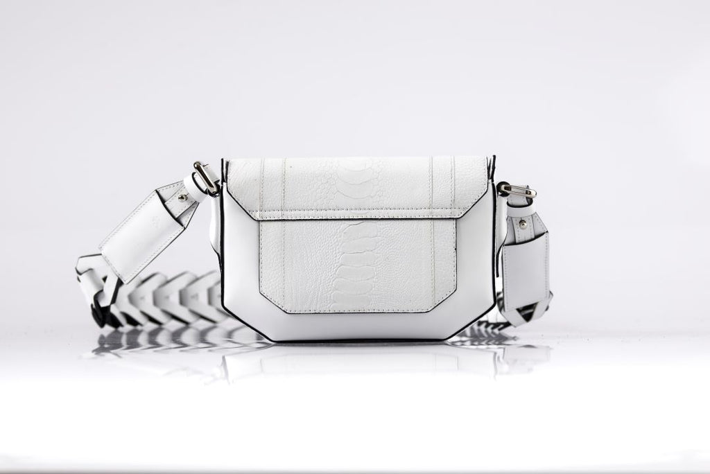Lee — White African Ostrich Leg Leather Shoulder Bag with Adjustable Strap