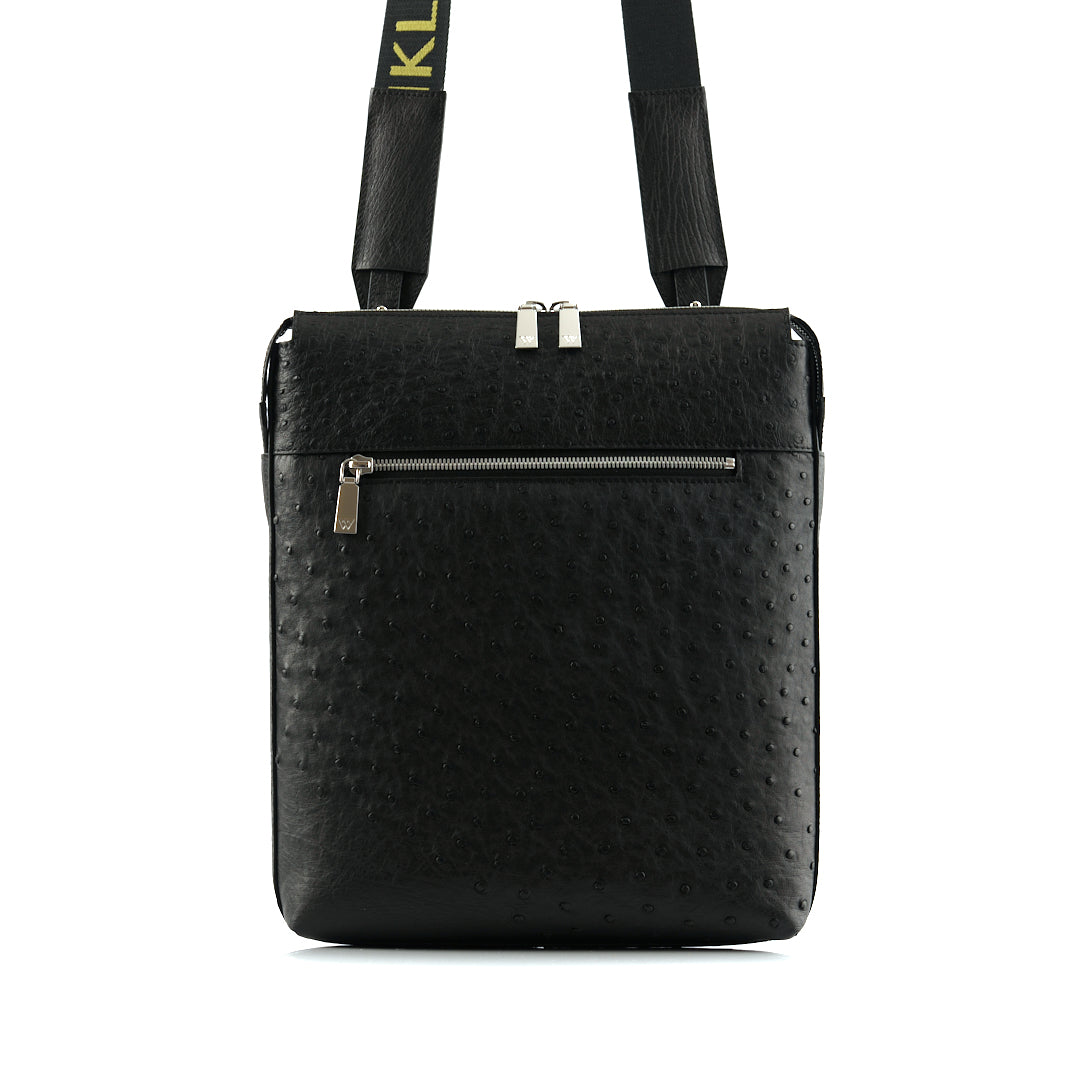 A black men's satchel made from ostrich quill leather, featuring a zippered front pocket and a crossbody strap.