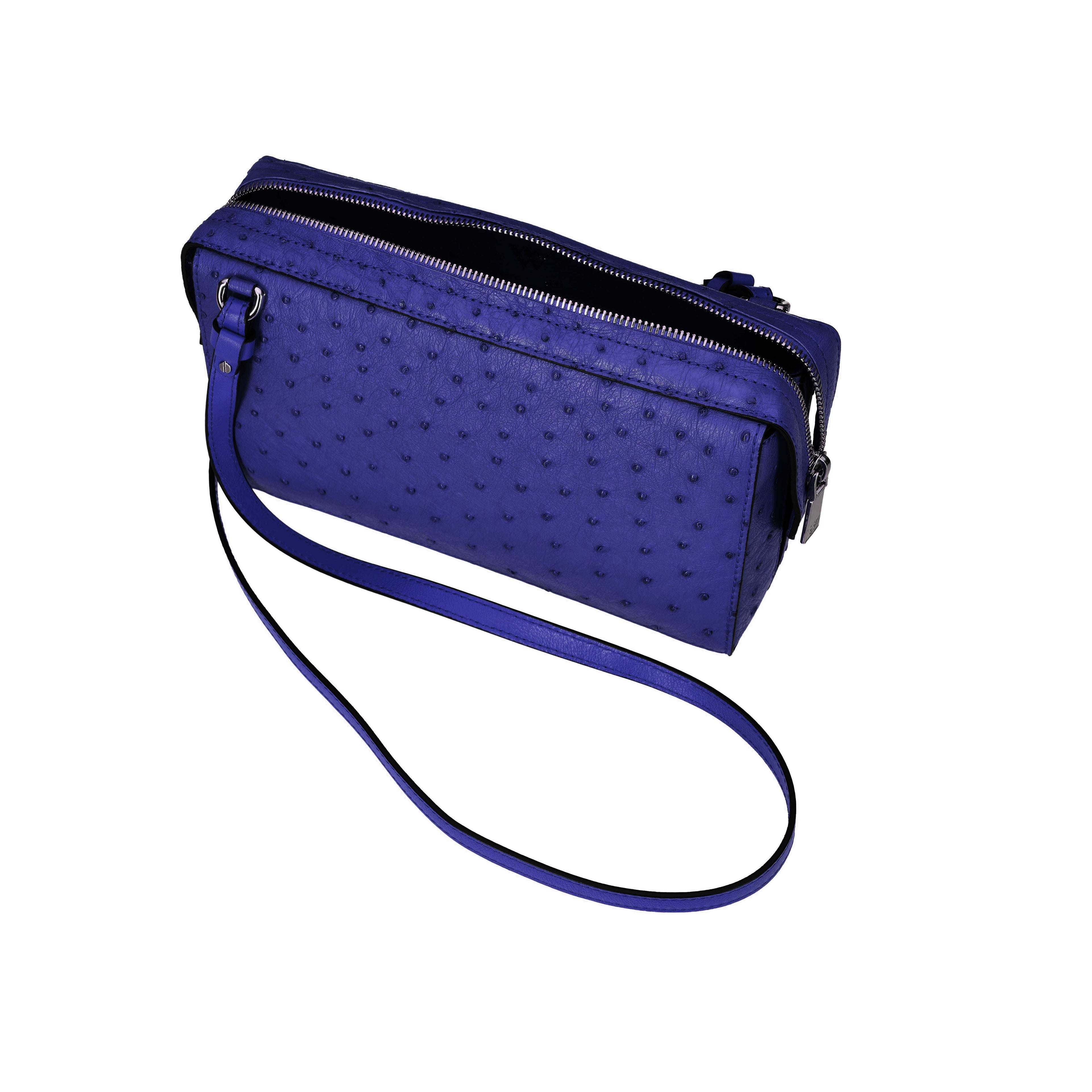 Blue textured handbag with a strap on a white background