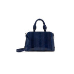 A large structured blue handbag with two handles and a detachable strap, featuring a textured design and metal feet.