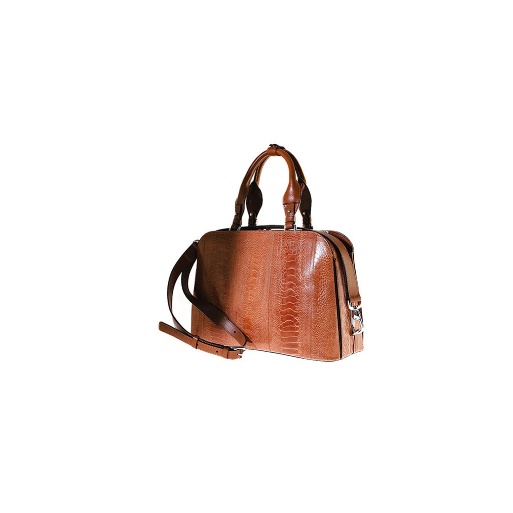A luxury handbag made of ostrich leg leather in a brown color, featuring two handles and a detachable strap.