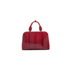 A red, structured handbag with two handles and a long strap, made from a textured material resembling ostrich leg leather.