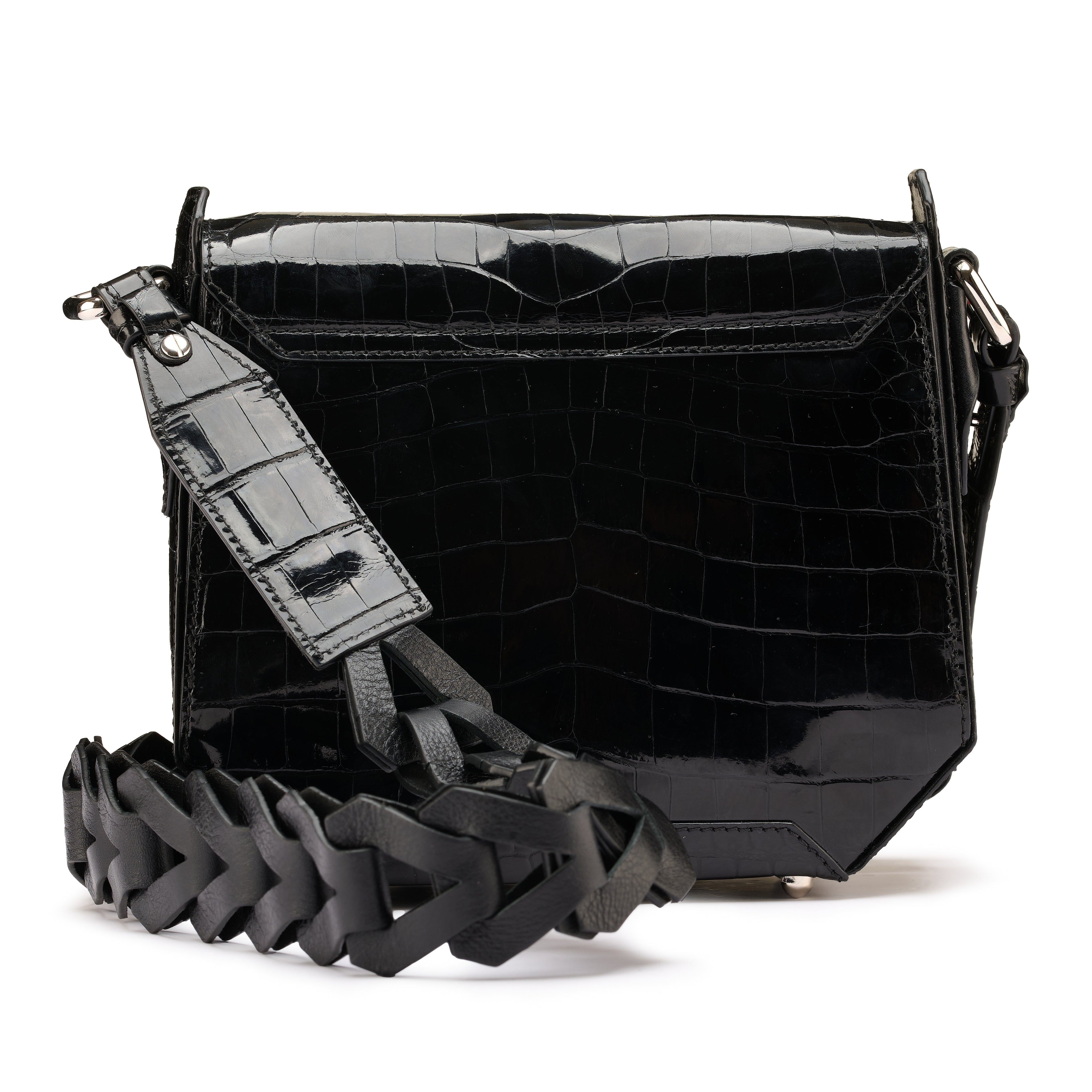 Black crocodile-patterned handbag with a braided strap on a white background