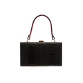 A black luxury leather purse with a light pink gusset, a removable link strap, and a secure back pocket.