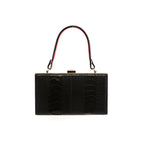 A black luxury leather purse with a light pink gusset, a removable link strap, and a secure back pocket.