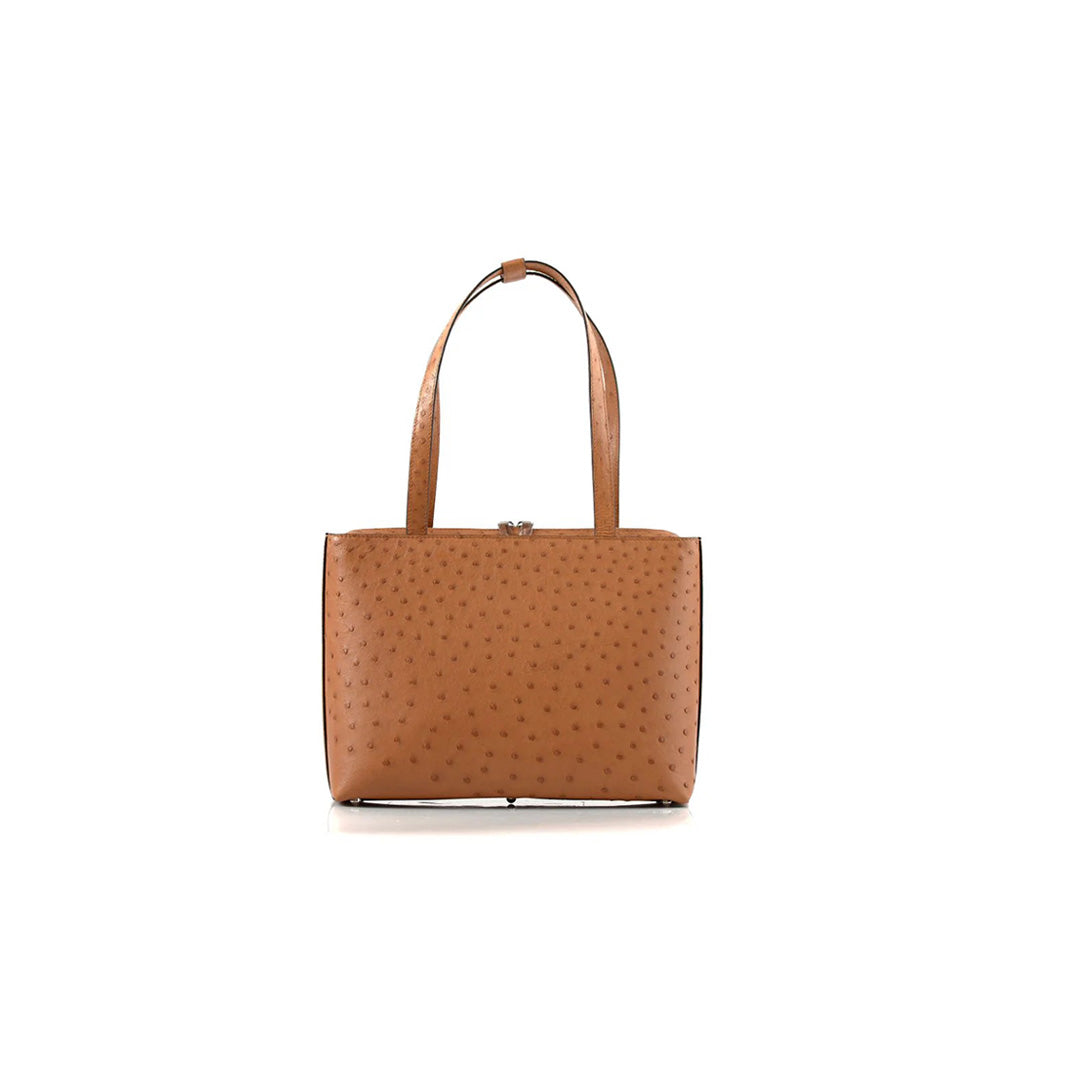 A brown leather handbag with a structured silhouette, featuring short straps and multiple pockets, displayed against a plain background.