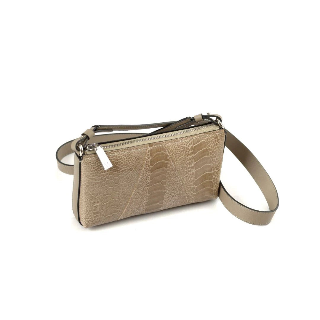 Los Angeles — Beige African Ostrich Leg Leather Crossbody Purse with Adjustable Strap