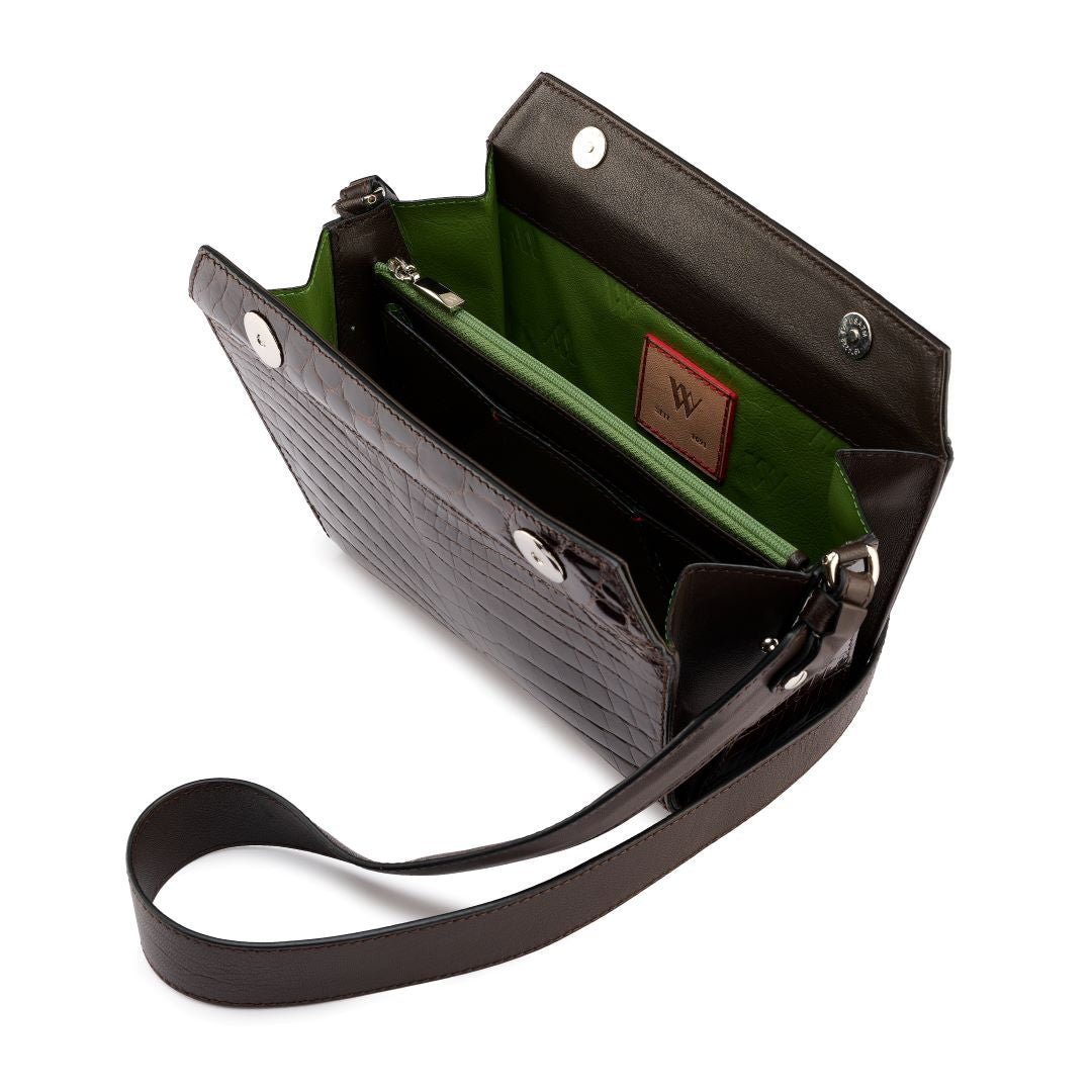 Lottie - Dark Brown Crocodile Leather Crossbody Bag