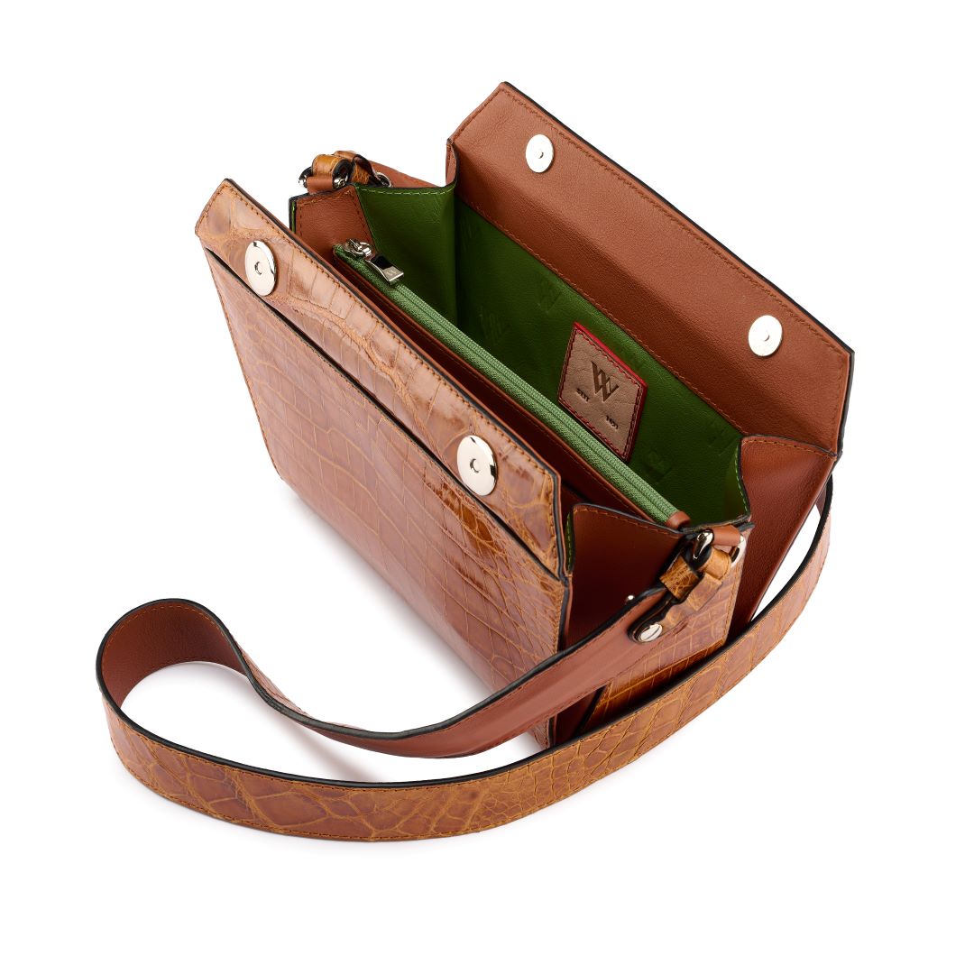 Lottie - Brown Crocodile Leather Crossbody Bag