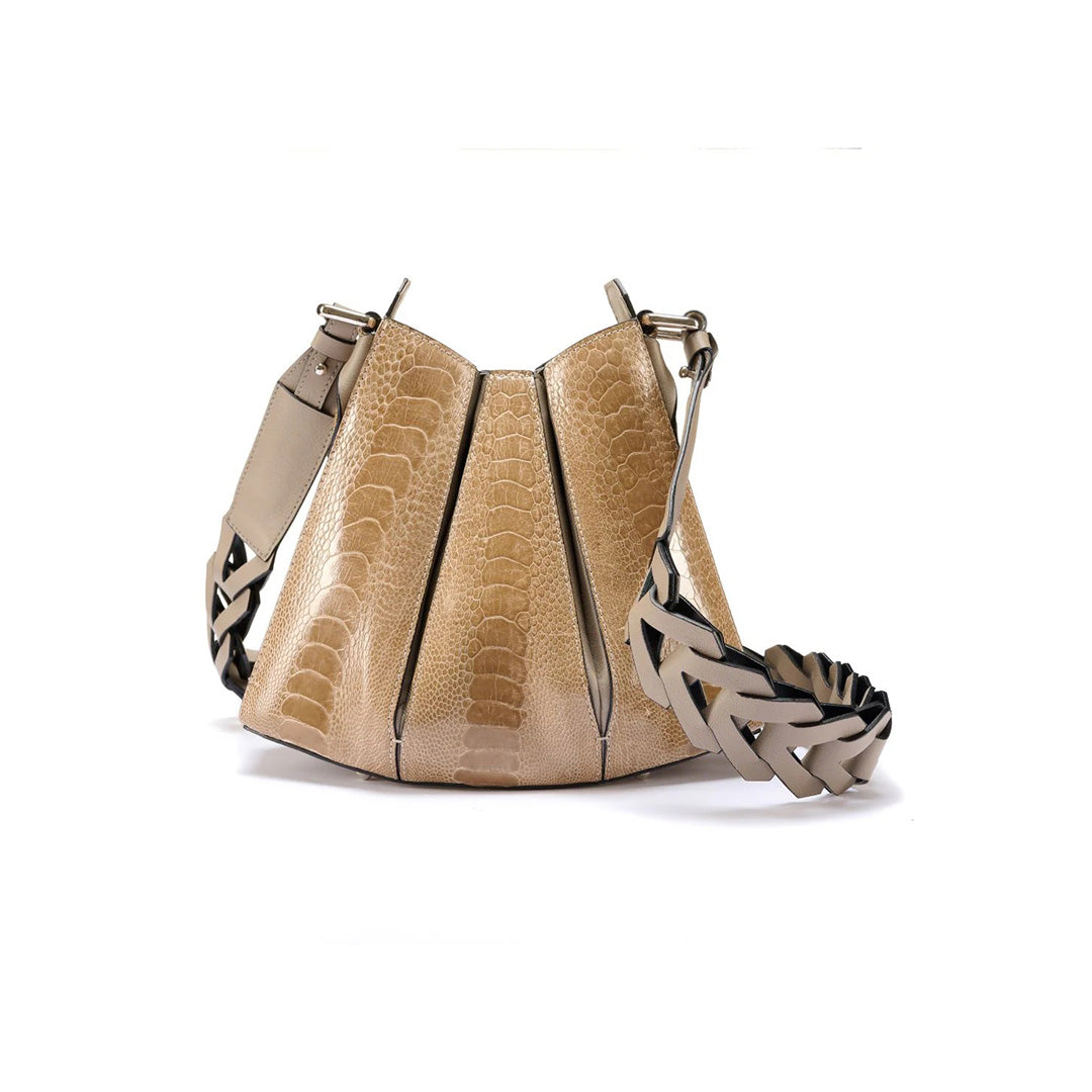 A clutch handbag with a textured surface resembling crocodile skin, featuring a Tulip closure and a removable strap.
