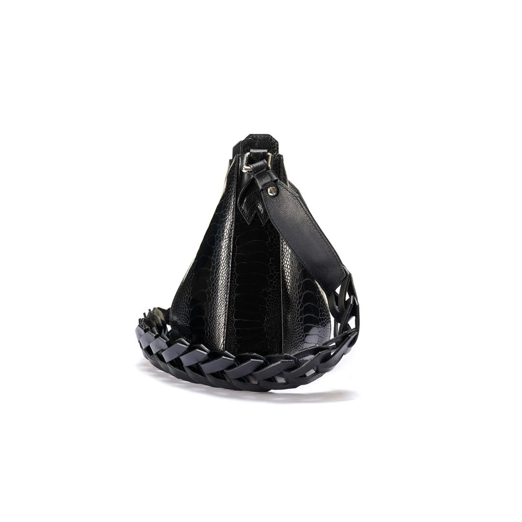 Luna - Black African Ostrich Leg Leather Shoulder Bag