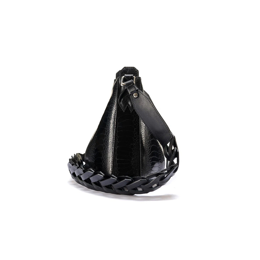 Luna - Black African Ostrich Leg Leather Shoulder Bag