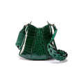 An emerald green, crocodile patterned leather handbag with a removable strap and a clasp closure.