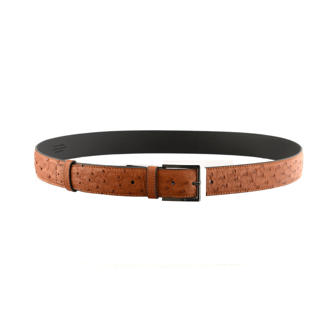 A brown leather belt with a silver buckle. 