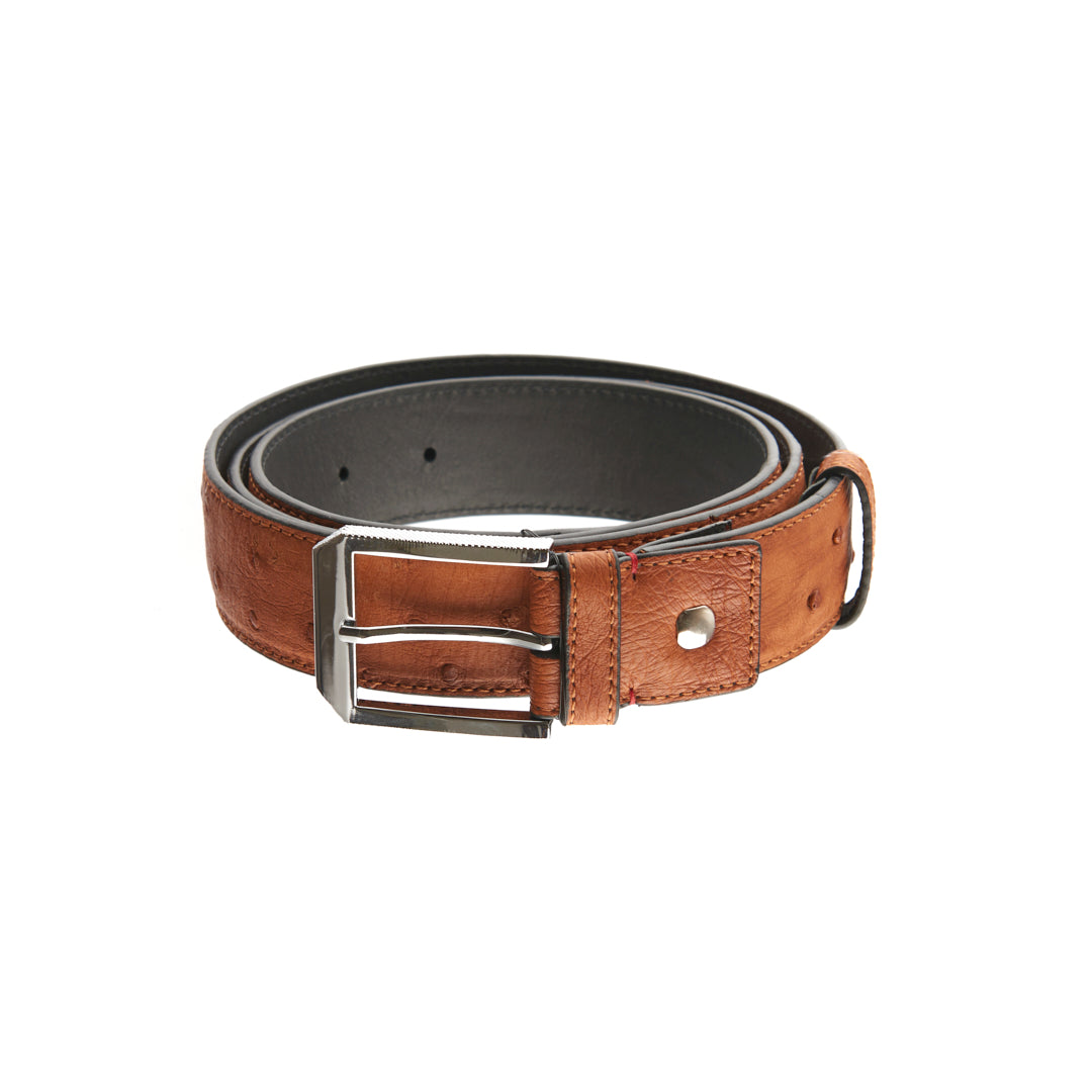 A brown leather belt with a silver buckle.