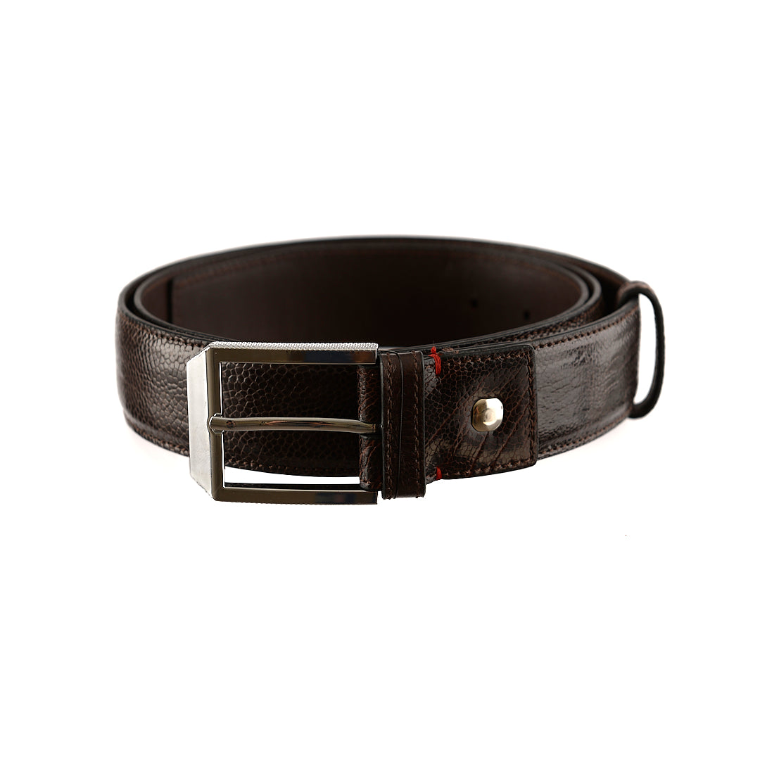 A brown leather belt with a silver buckle, coiled loosely.