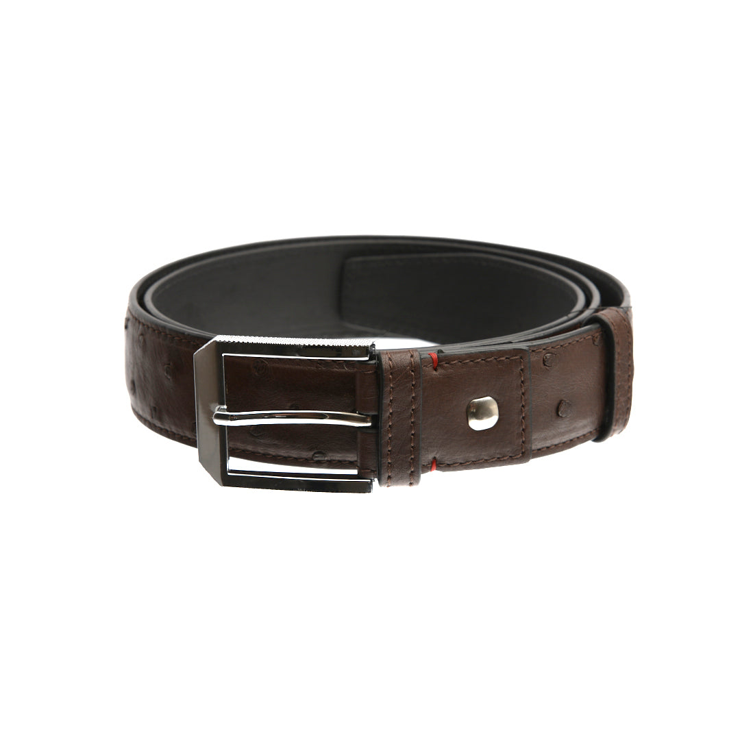 A brown leather belt with a silver buckle, coiled loosely 