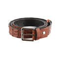 A coiled men's belt with a silver buckle, featuring a patterned texture and primarily in a brown color.