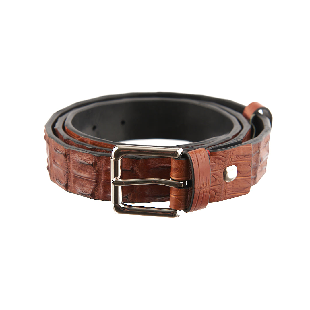 A coiled men's belt with a silver buckle, featuring a patterned texture and primarily in a brown color.