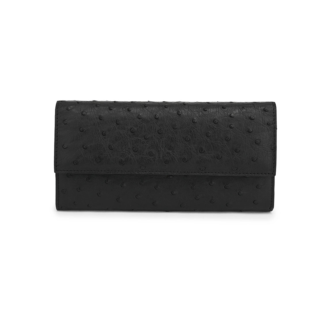 A black leather wallet with a textured pattern and a front button closure.