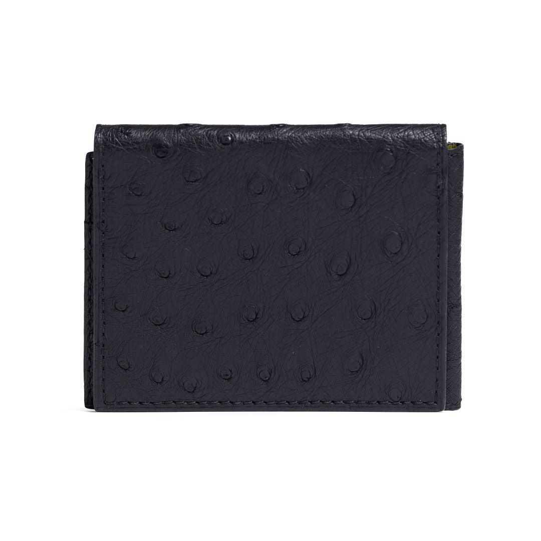 A black leather trifold wallet with a textured pattern on the front and multiple card slots visible on the inside.