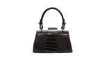 A black ostrich leather lipstick bag with a sleek design, featuring a detachable long strap and an attached mirror.