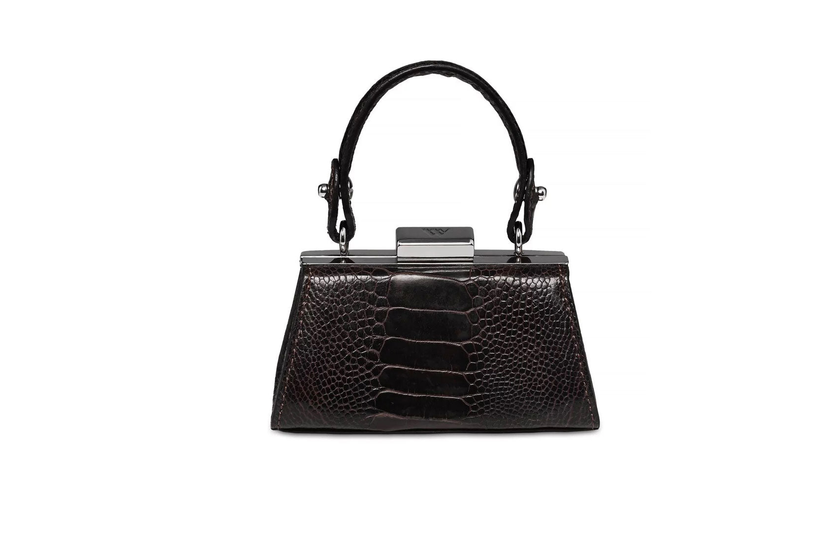 A black ostrich leather lipstick bag with a sleek design, featuring a detachable long strap and an attached mirror.
