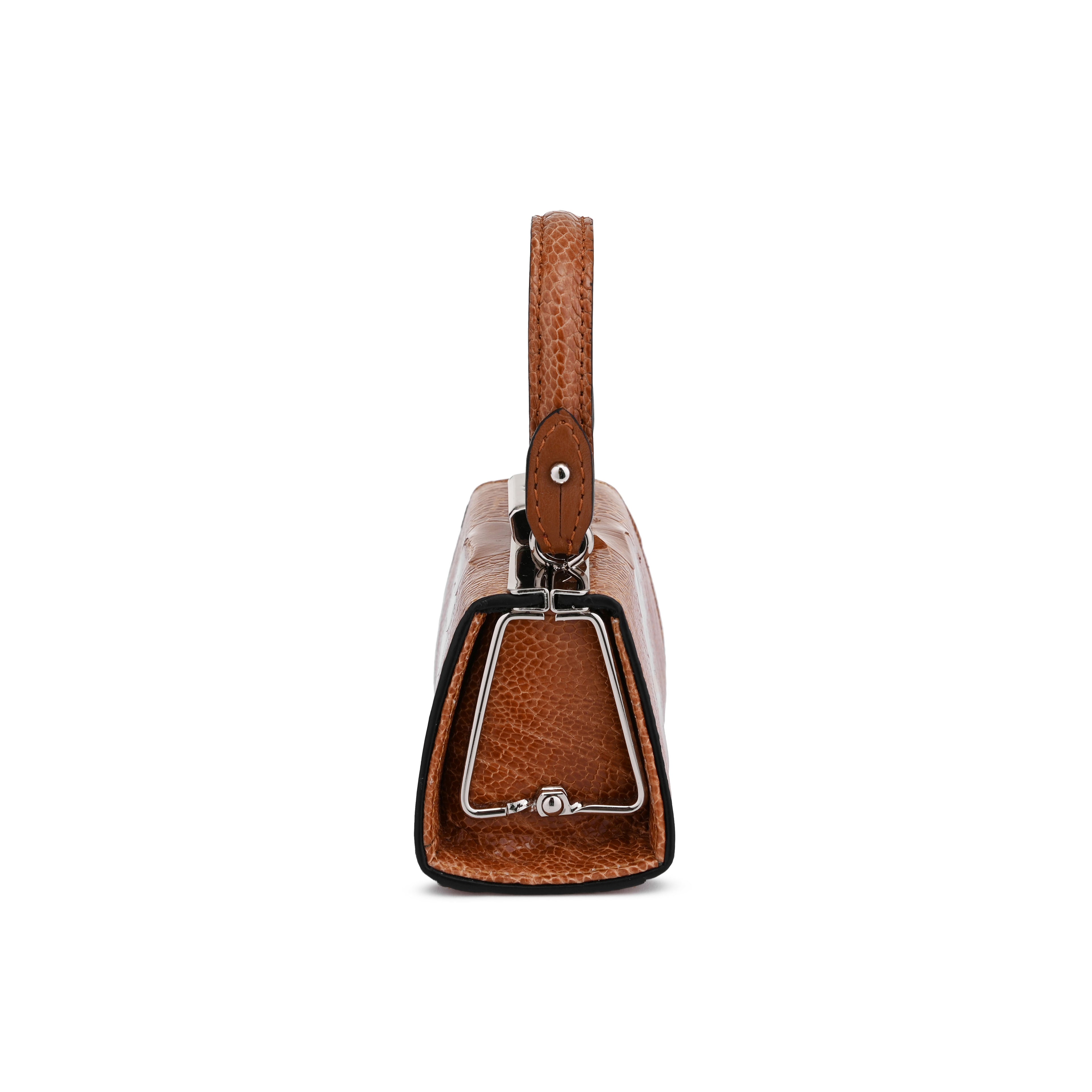 A brown textured leather handbag shown from the back, featuring a silver-tone metal frame and a matching brown leather handle against a plain white background.