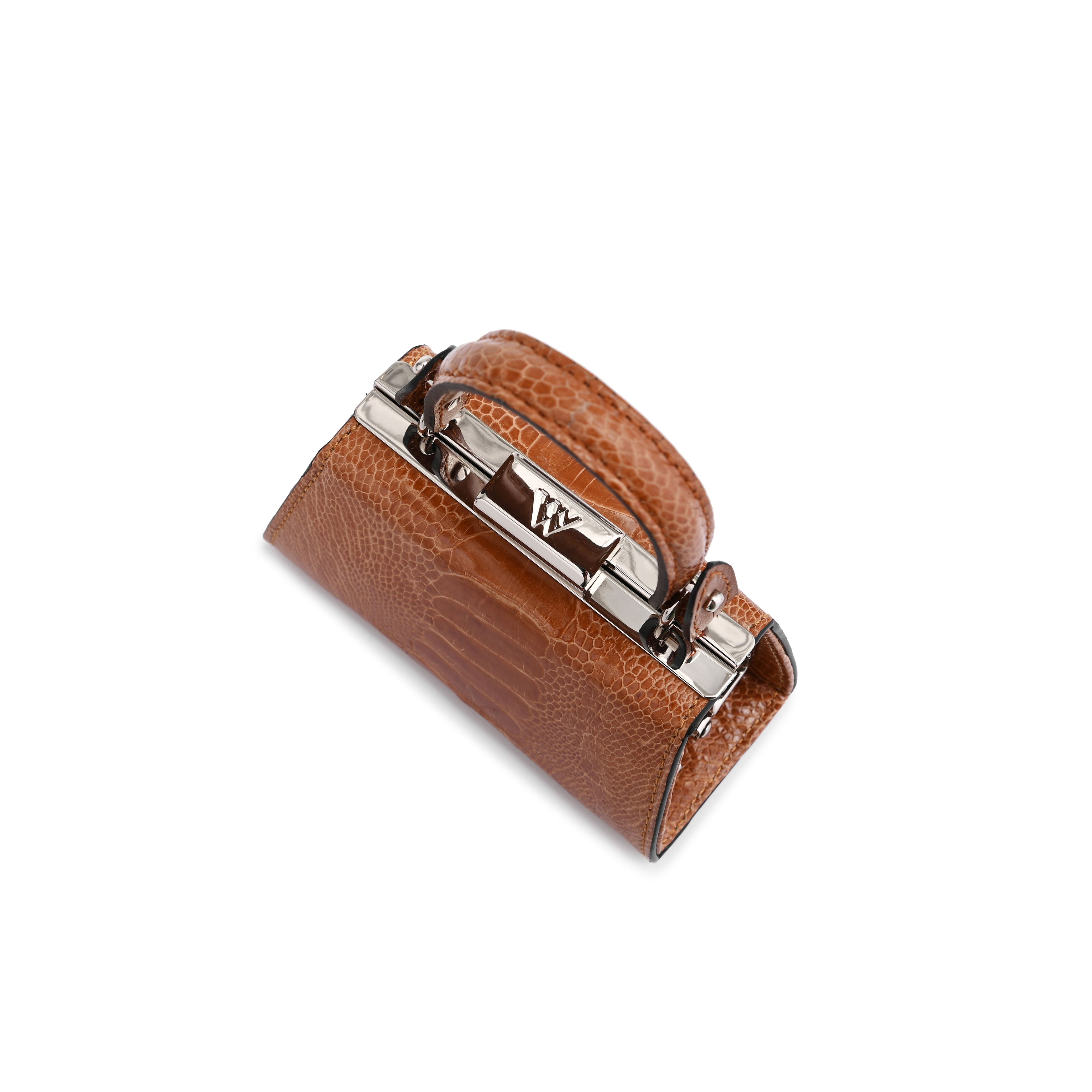 A small brown textured leather clutch or coin purse with silver-tone hardware, shown on a plain white background.