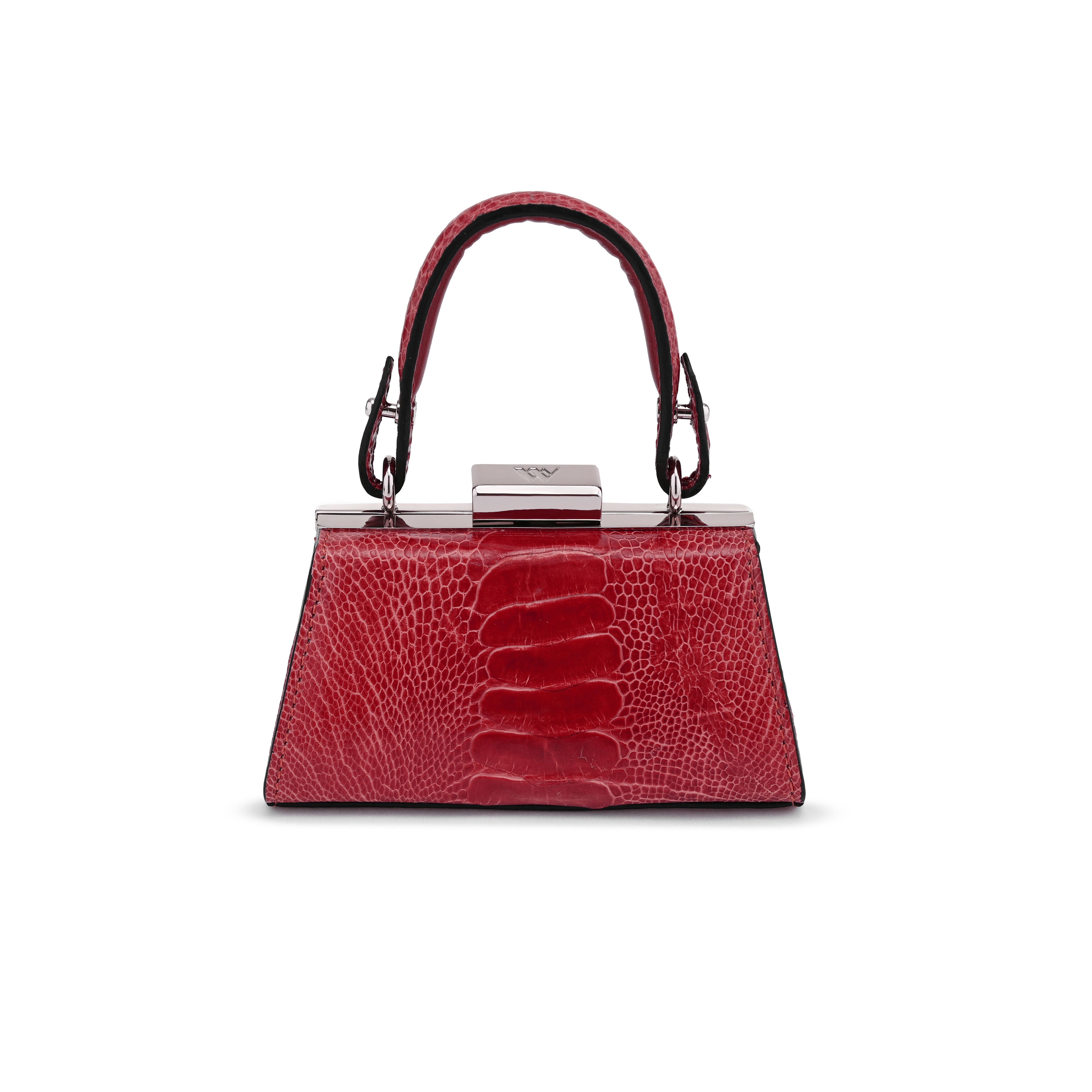 A structured red handbag with an alligator-textured leather finish, featuring a top handle, silver-tone hardware, and a central clasp, shown against a plain white background.