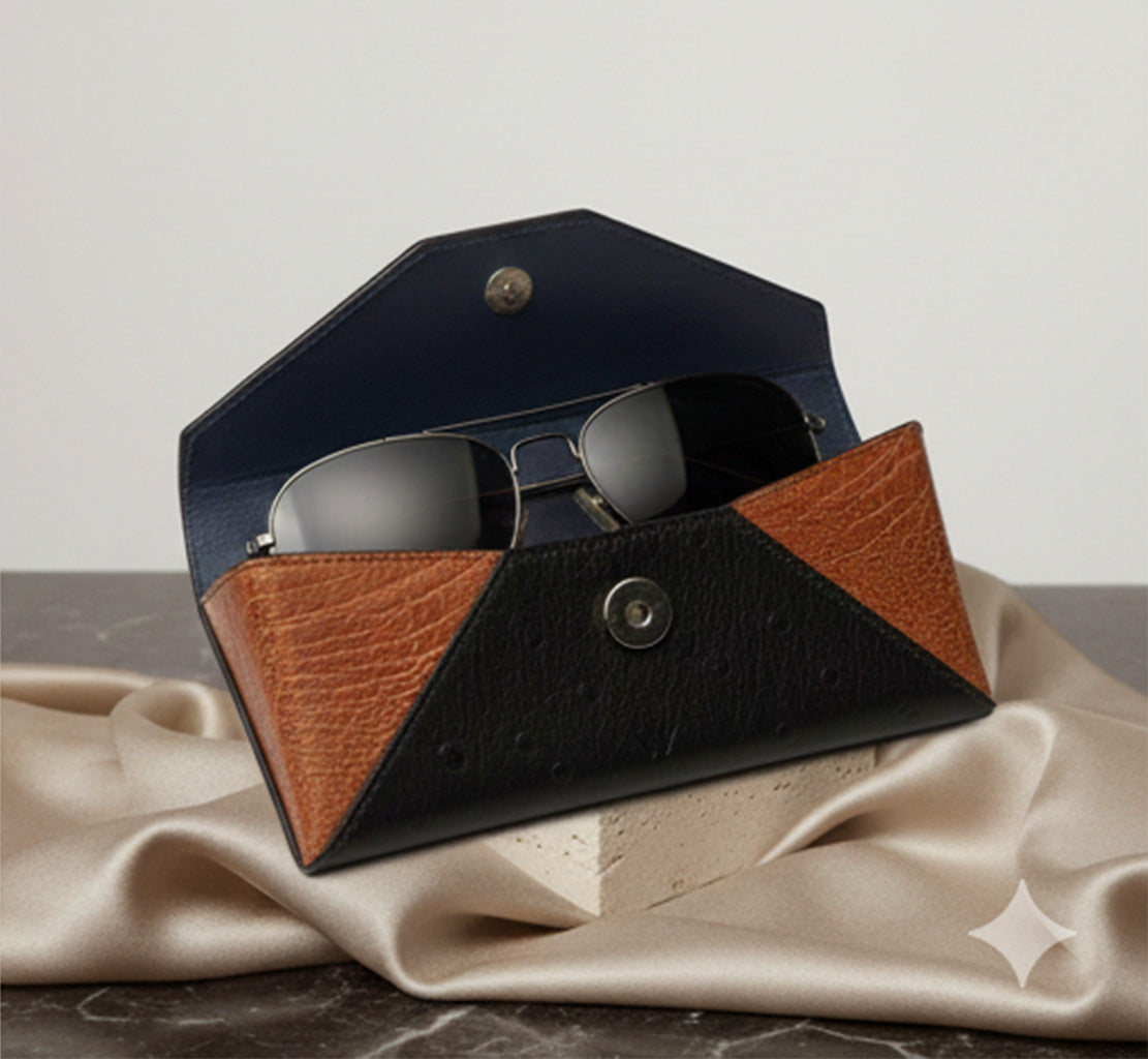 Sunglasses in a black and brown leather case on a neutral background