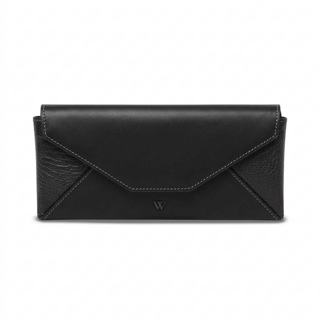 Black leather envelope-style glass case on a white background