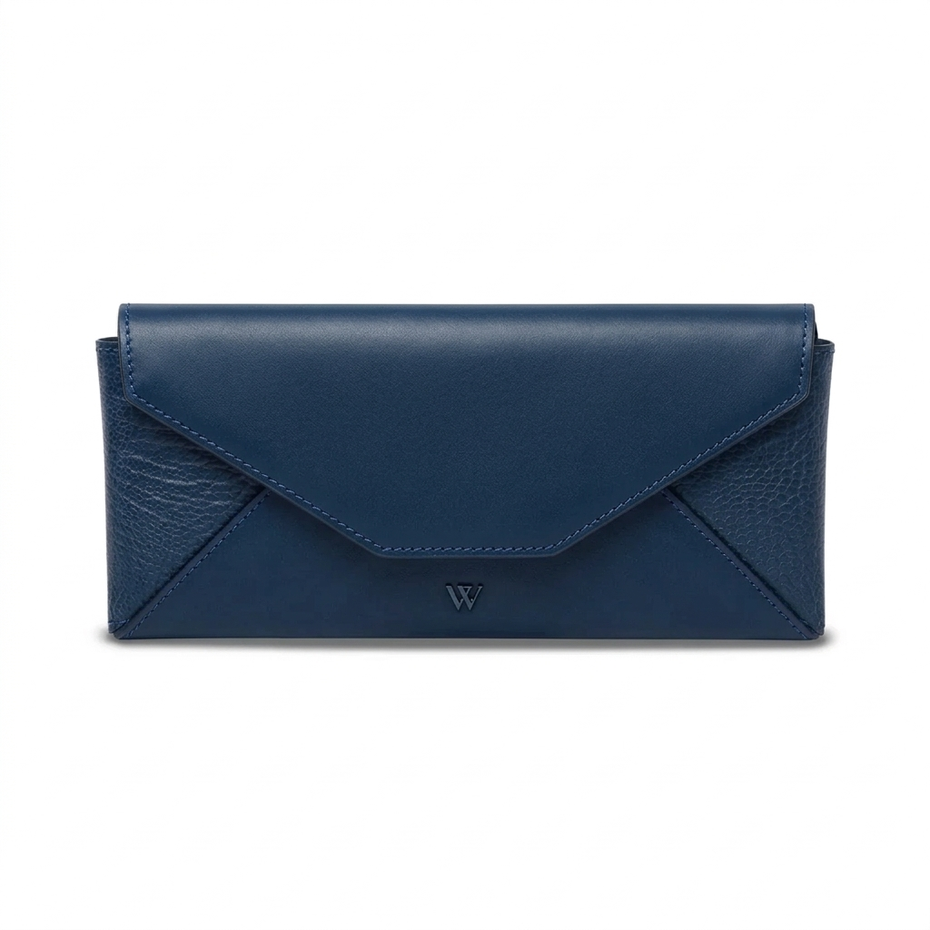 Blue leather envelope-style glass case on a white background