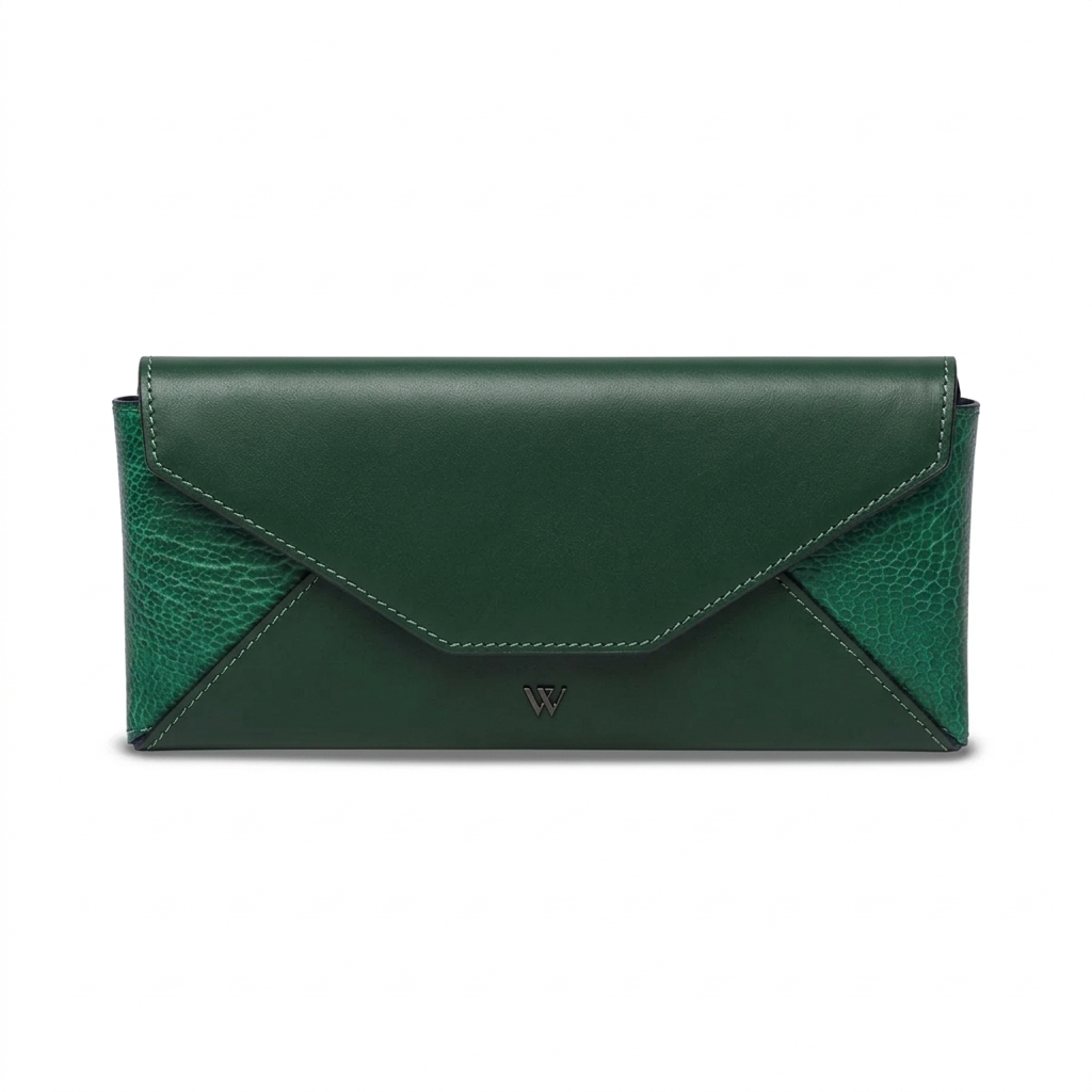 Green leather glass case on a white background