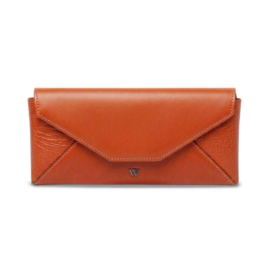 Brown leather envelope-style glass case on a white background