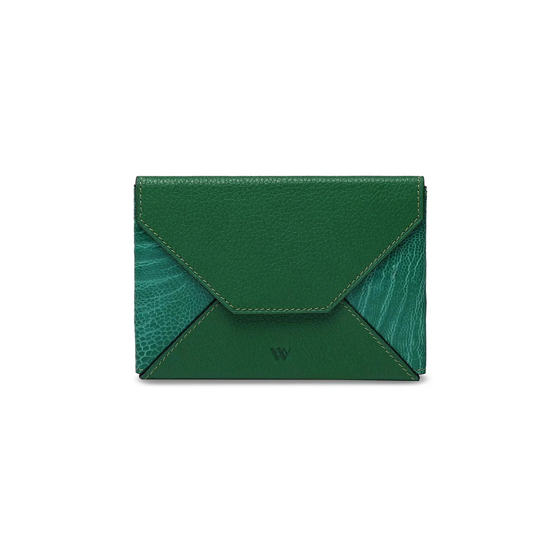 A green passport holder with a button secured front closure, made of African ostrich leather.