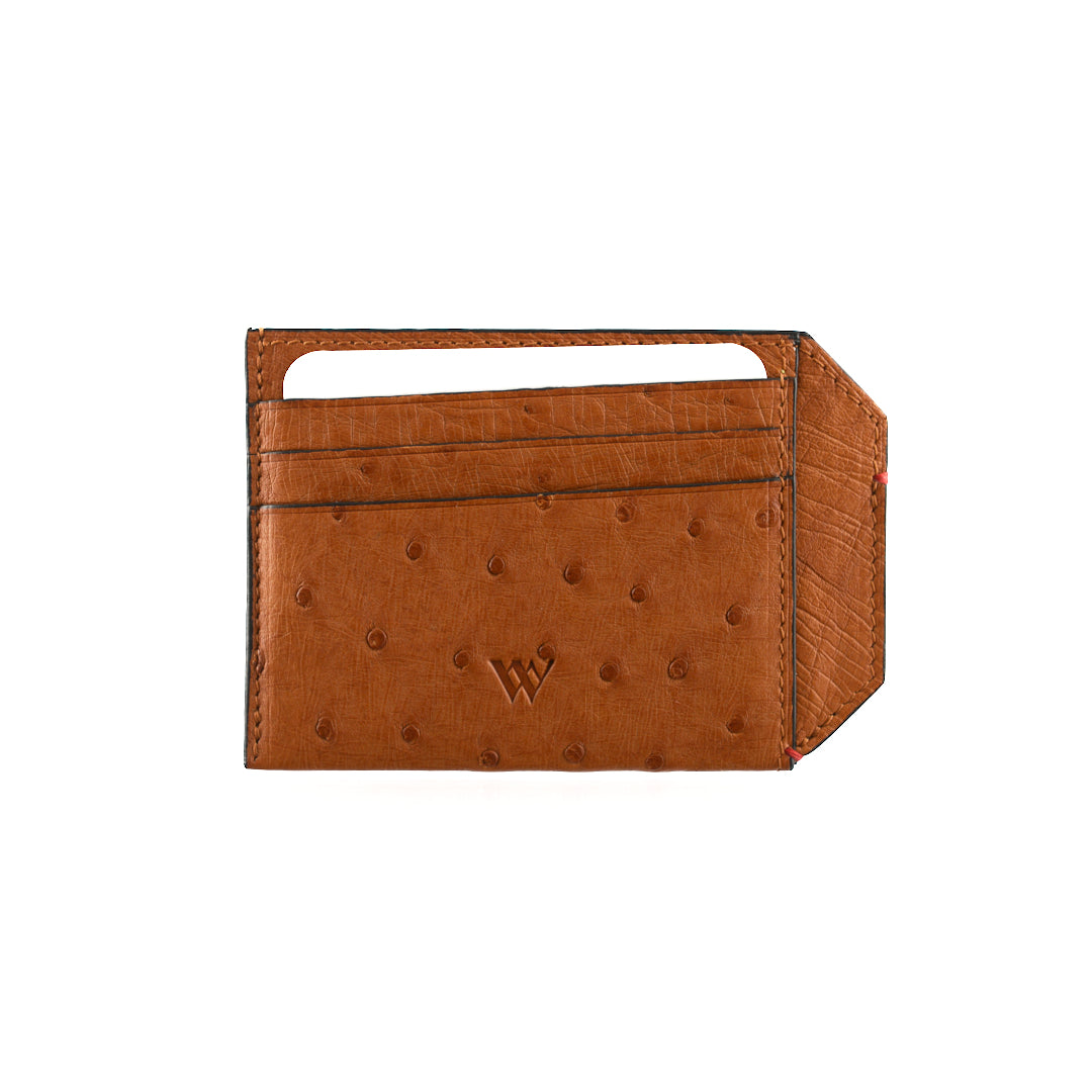 A brown Oregon card holder made of leather, displaying its slots and pockets for cards and cash.