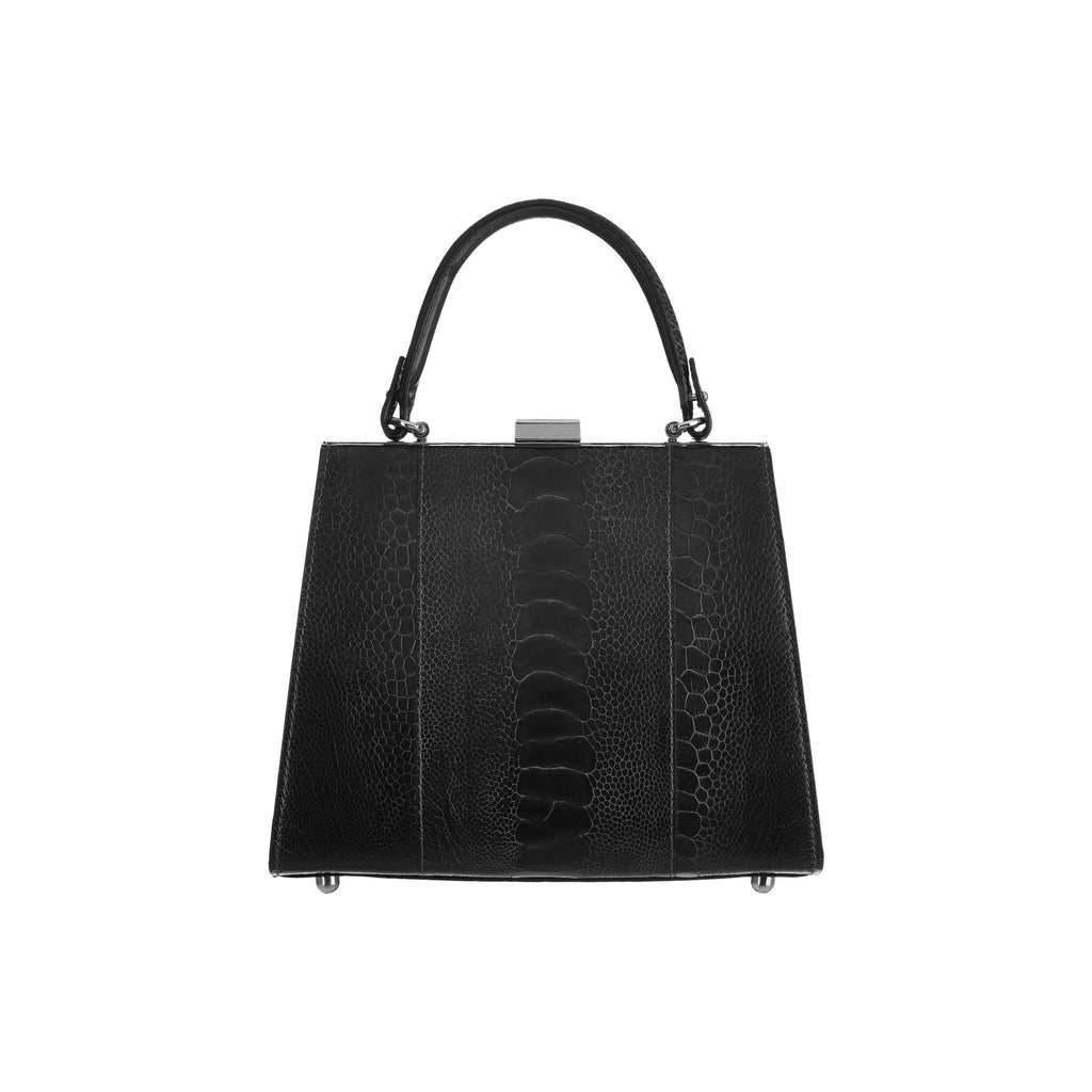 Black handbag with crocodile texture on a white background
