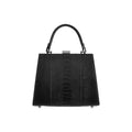 Black handbag with crocodile texture on a white background