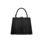 Black handbag with crocodile texture on a white background