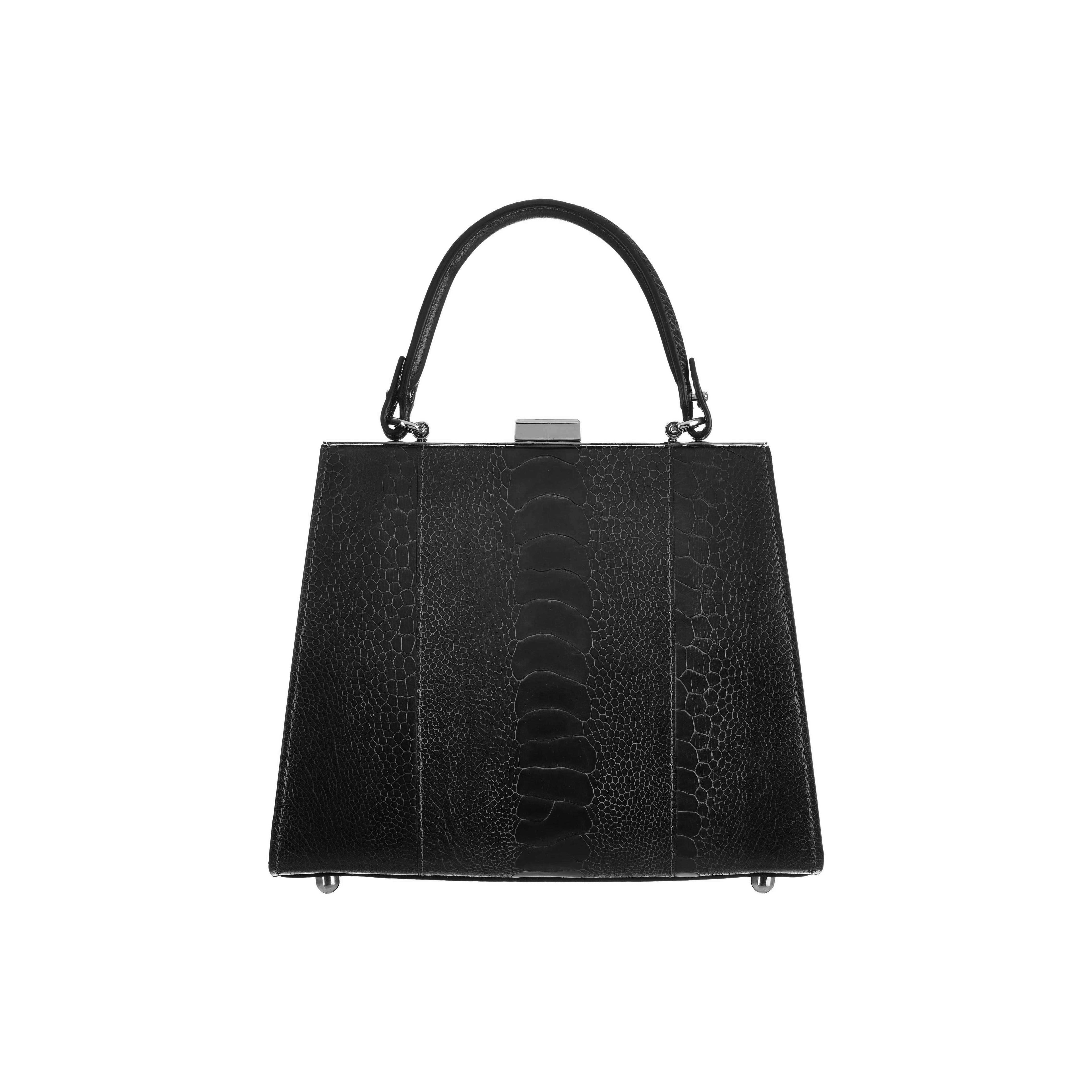 Black handbag with crocodile texture on a white background