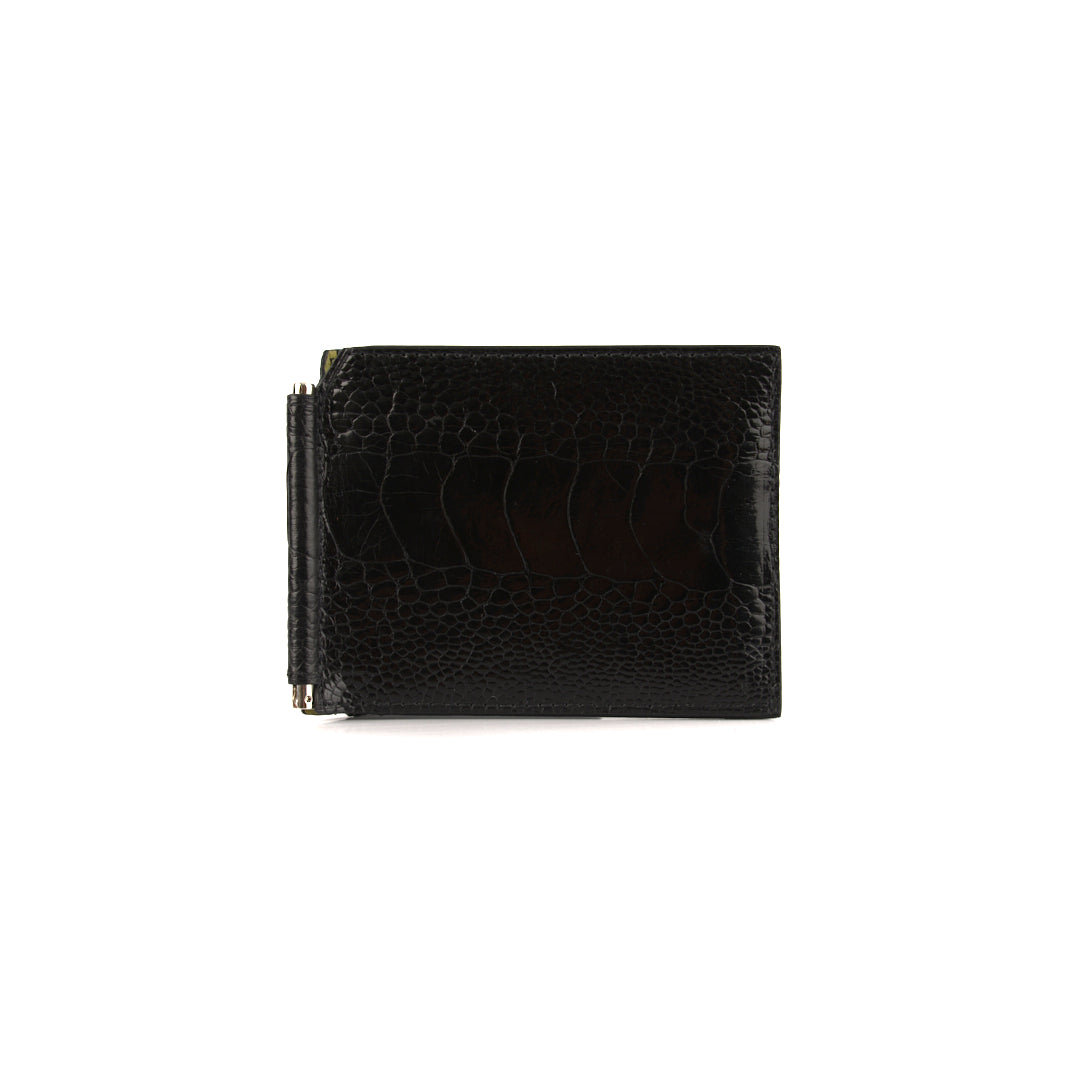 A black leather wallet with a money clip, displayed against a white background.