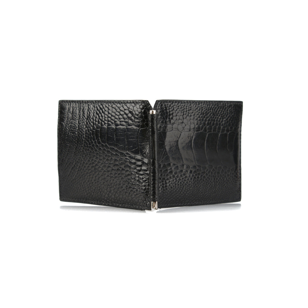 Texas — Black African Ostrich Leg Leather Wallet with Money Clip