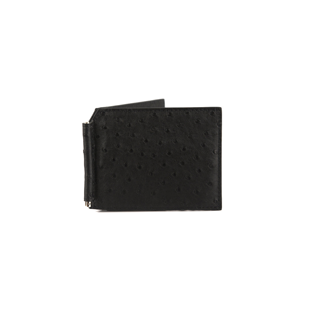 A black leather wallet with a money clip and multiple card holders, made from ostrich quill leather.