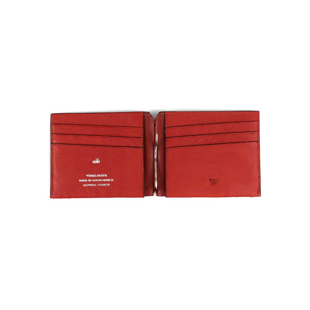 Red wallet with a visible brand logo on a white background