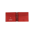 Red wallet with a visible brand logo on a white background