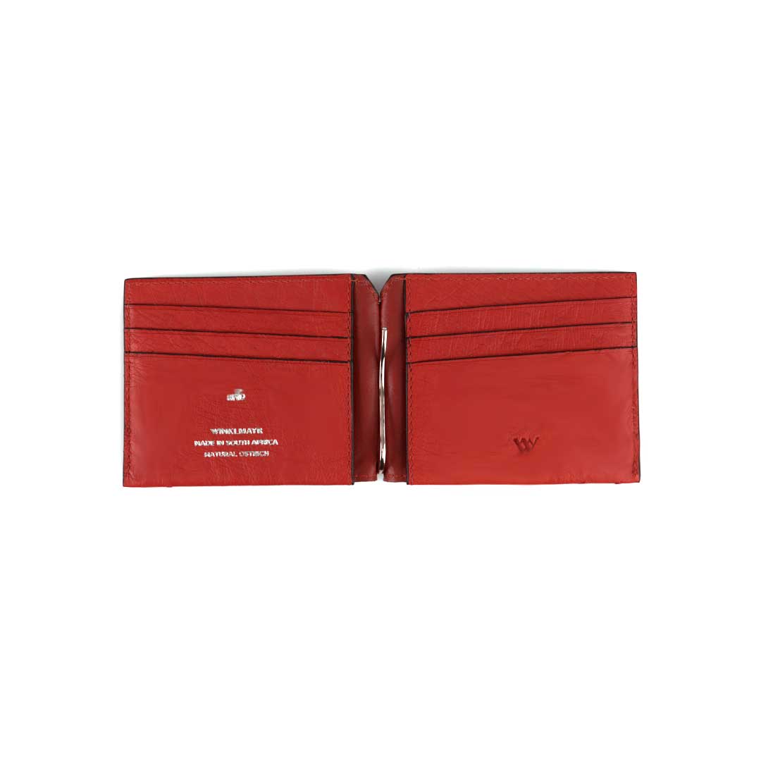 Red wallet with a visible brand logo on a white background