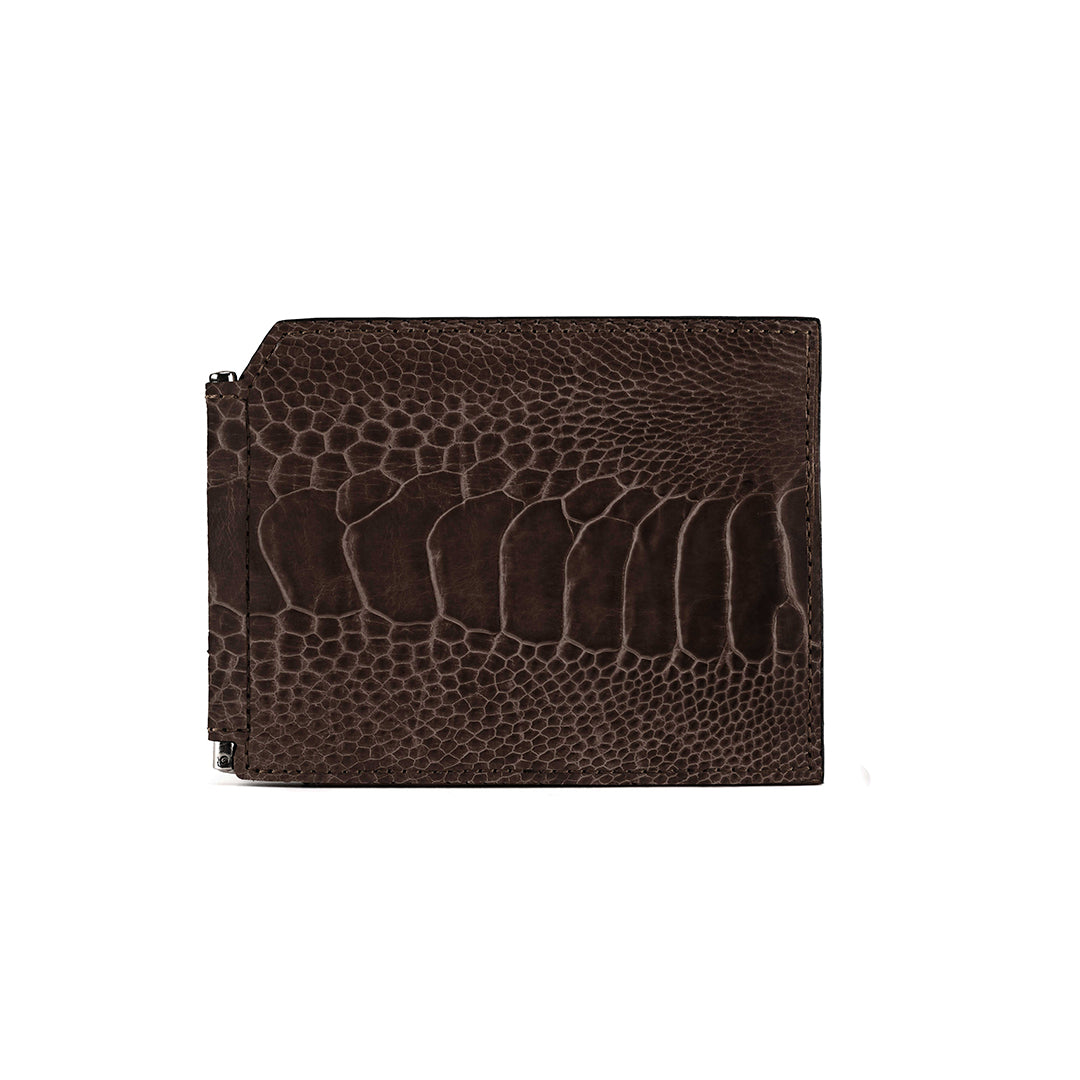 Texas — Dark Brown African Ostrich Leg Leather Wallet with Money Clip
