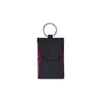 A small black leather purse with a keychain ring on top, featuring a front button closure.