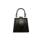 A black leather purse with a structured design, featuring a removable handle and a top closure. The purse is锁空的, indicating it is either new or intended for display purposes.
